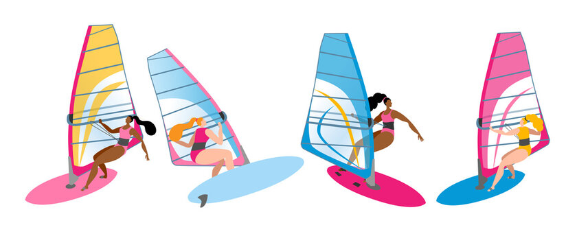 Girl ride a Board with a sail. Isolated vector illustration in a flat style on the theme of windsurfing. A set of vector isolated images with a surfer girl.