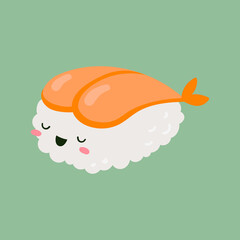 Shrimp nigiri sushi. Cute character design. Vector cartoon illustration isolated on green background.
