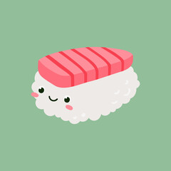 Sushi nigiri with tuna. Cute character design. Vector cartoon illustration isolated on green background.