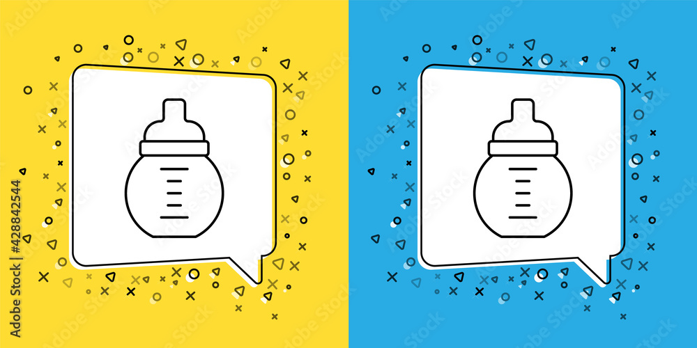 Sticker Set line Baby milk in a bottle icon isolated on yellow and blue background. Feeding bottle icon. Vector