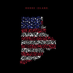 Rhode Island US state flag map, chaotic particles pattern in the american flag colors. Vector illustration