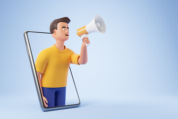 Handsome cartoon character man holding loudspeaker and making announcement from smartphone over blue background.
