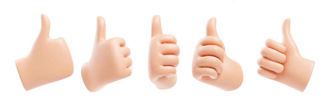 Set of cartoon human hands thumb up for success or good feedback, positive concept and like symbol isolated over white background.