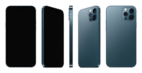 smartphone blue color with black touch screen saver isolated on white background. mockup of realistic and detailed mobile phone. stock vector 3d isometric illustration