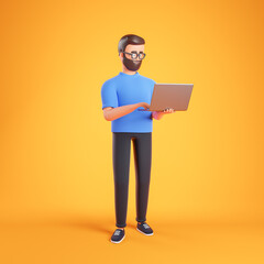 Handsome cartoon beard character man stand over yellow background and use laptop.