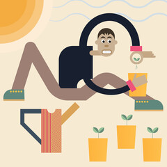 A man puts the plant in a pot. Vector abstract illustration of a gardener with plants and watering can