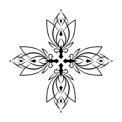 Gothic cross. Floral graphic ornament element.  Lily, lotus. For tattoo, emblem, icon. Black and white.