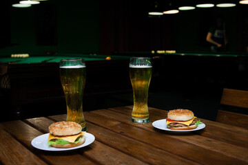 Craft Beer With Hamburger on billiards club
