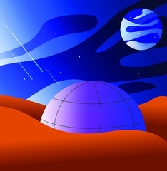 landscape of the Martian desert with a starry sky and housing - human settlements on Mars in the form of a dome. colonization of Mars. © Анастасия