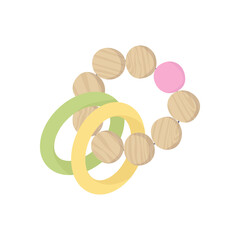 Wooden children teether isolated on white background. Eco friendly, zero waste toy for baby. Rattle with Hanging threads and beads. Flat Vector illustration in hand drawn style.