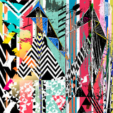 abstract background, with triangles, stripes, paint strokes and splashes