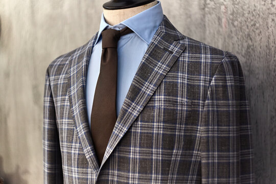 Men's Casual Checkered Tweed Grey Coat And Blue Shirt Lapel With Tie