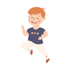 Obraz premium Happy Boy Running, Preschool Kid in Casual Clothes Having Fun on Isolated White Background Vector Illustration