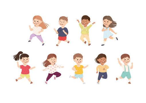 Happy Running Boys and Girls Set, Preschool Kids in Casual Clothes Having Fun on Isolated White Background Vector Illustration