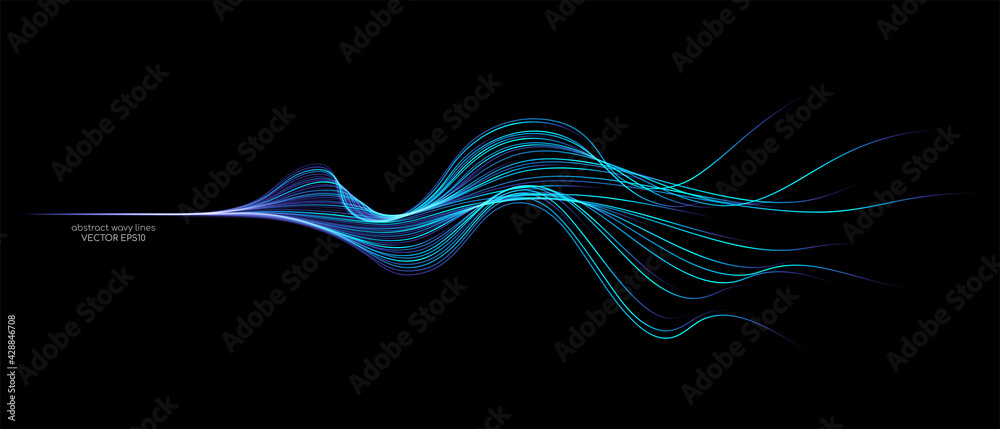 Poster Vector wave lines flowing dynamic in blue green colors isolated on black background for concept of AI technology, digital, communication, science, music