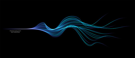 Vector wave lines flowing dynamic in blue green colors isolated on black background for concept of AI technology, digital, communication, science, music