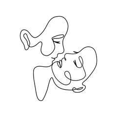 Love couple kiss one line art. Minimalist man and woman faces, contemporary vector continuous linear drawing