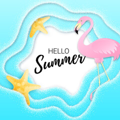 Hello summer poster with flamingo and sea