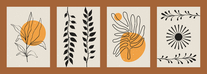 Fototapeta na wymiar Abstract minimalist plant backgrounds. Mid century aesthetic posters with boho leaf silhouettes organic shapes. Vector set