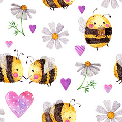 Chamomiles pink hears and honeybees. Hand-drawn and isolared on white background, watercolor seamless pattern for fabric and wrapping paper.
