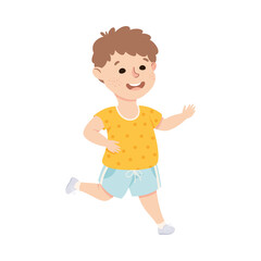 Happy Boy Running Wearing Shorts and T-shirt, Preschool Kid Having Fun on Isolated White Background Vector Illustration