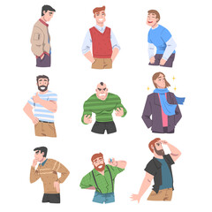 Young Men with Different Emotions Set, Cheerful, Angry, Stressed, Men, Human Emotions and Feelings Concept Cartoon Vector Illustration