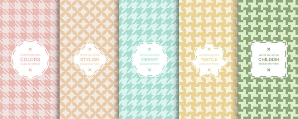 Collection of colorful seamless textile patterns - delicate design. Vector geometric endless backgrounds