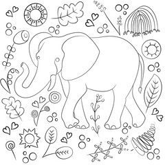 doodle vector drawing african animals elephant and flowers