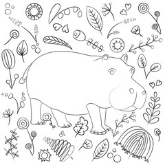 doodle vector drawing African animals hippo and flowers