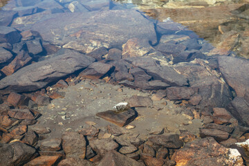 Beautiful nature background of stony bottom in transparent water of glacial lake in sunlight. Sunny nature backdrop with many stones in clear water of glacier lake. Invisible water of mountain lake.
