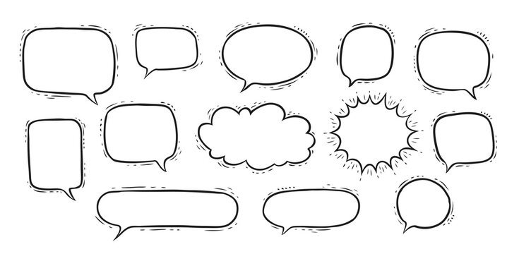 Set of hand drawn talk speech bubbles and think for dialog words or message. Communication concept in doodle style Isolated on white