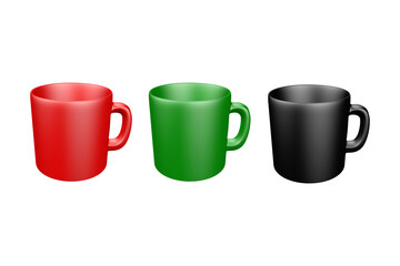Realistic mockup of a mug for drinks front view. Red, black, green blank isolated cup
