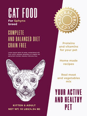 Pet Food Product Label Template. Abstract Vector Packaging Design Layout. Modern Typography Banner with Hand Drawn Sphynx Cat Breed Sketch Face Background. Isolated