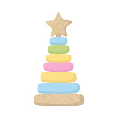 Assembled colorful wooden pyramid sorter toy. Building stack up ring tower. Montessori system for child development educational game. Flat vector illustration isolated on white background.