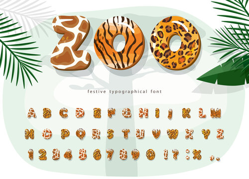 Zoo animals cartoon font. Jaguar, cheetah, tiger, giraffe fur print alphabet. Jungle adventure letters and numbers. For kids clothes, t shirt, birthday card. Vector