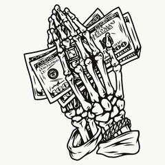 Skeleton hands holding dollar banknotes