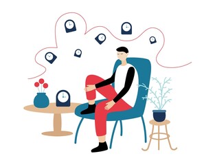 Insomnia. Young man sitting in a chair. Reasons of insomnia: electronic devices, smoking, alcohol, heavy meal, sedentary lifestyle, heart diseases