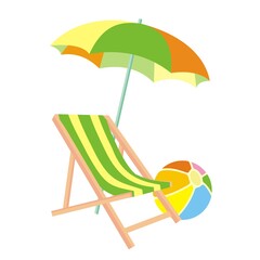 lounger, parasol and beach ball, colored vector icon