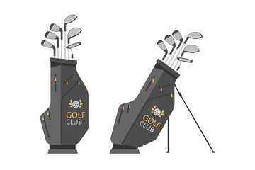 Golf bag with clubs. Golfer sports equipment. flat style