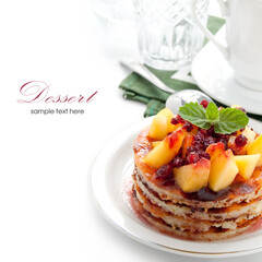 Cheese casserole with peach slices and currant jam. Sweet dessert