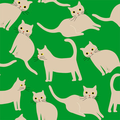 Cute grey cats repeated  on green background . Simple and stylish Scandinavian print.