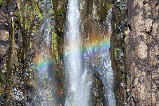 Rainbow at the Niagara waterfall in Sainte-Suzanne (Reunion Island), known locally as “Cascade Niagara”.