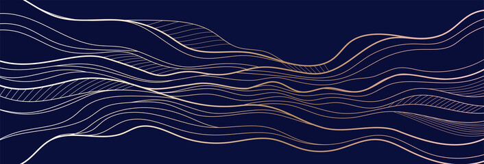 Golden line on blue abstract elegant texture. Vip luxury vector background of clouds.