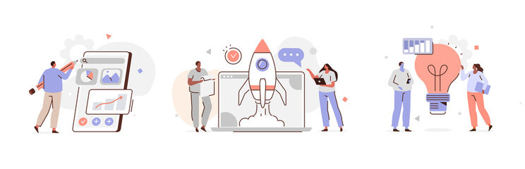 Various Business Icons.  Characters Working in New Startup, Analyzing Data, Creating new Ideas. Business Missions, Creative Idea and Analysis Concept. Flat Cartoon Vector Illustration and Icons Set. © Irina Strelnikova
