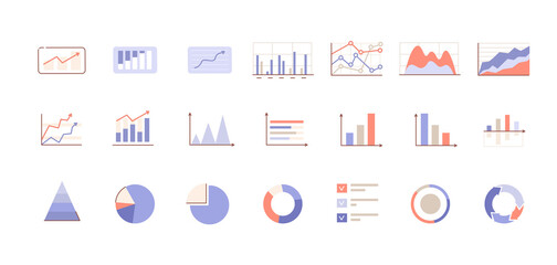 Various Business Chart and Graphics Icons Collection. Diagrams, Arrows, Histograms, Pie Charts and other Analysis and Statistic Symbols.  Flat Line Cartoon Vector Illustration. - obrazy, fototapety, plakaty