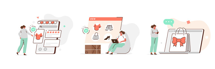 Various Online Shopping Icons. Character Choosing Goods, Making Order by Smartphone and Receiving Delivery Box with Gift. E-Commerce Concept. Flat Cartoon Vector Illustration and Icons Set.