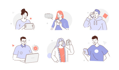 Young Fashionable People Looking on Smartphones, Laptop and Chatting. Happy Boys and Girls talking and typing on Phones. Female and Male Characters. Flat Line Cartoon Vector Illustration and Icon Set.