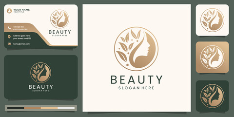 Woman logo with beauty circle concept design and business card template.Premium Vector