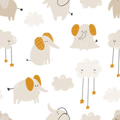 Vector hand-drawn colored childish seamless repeating simple flat pattern with cute elephants, clouds and stars in Scandinavian style on a white background. Cute baby animals. Pattern for kids.