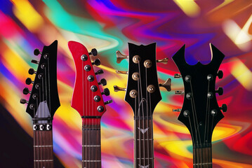 Heads of electric guitars on a background of an abstract colored pattern.